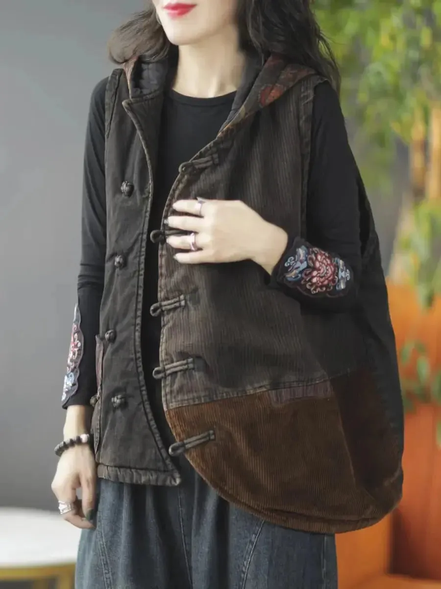 Women Spliced Corduroy Hooded Vest Coat