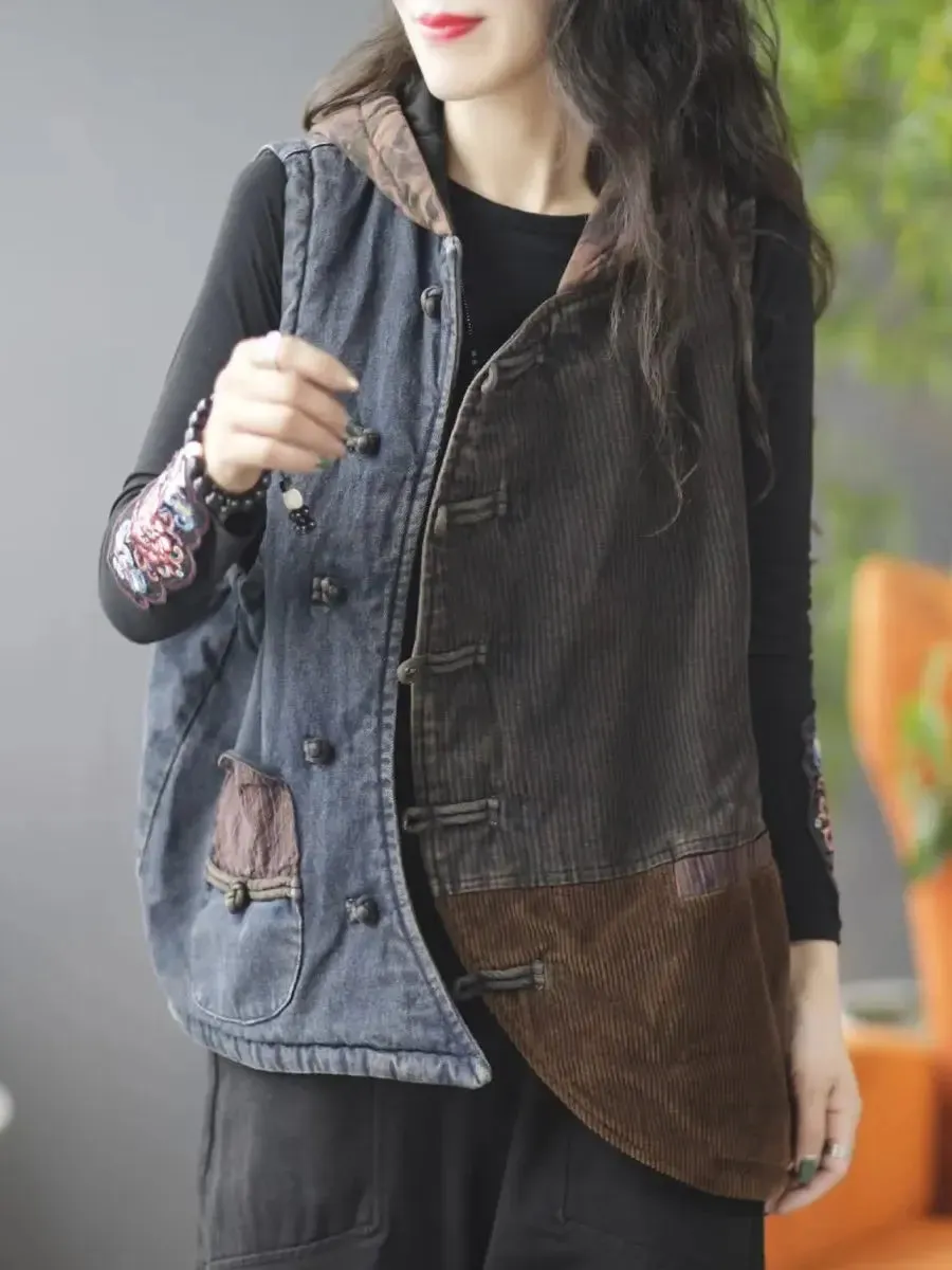 Women Spliced Corduroy Hooded Vest Coat