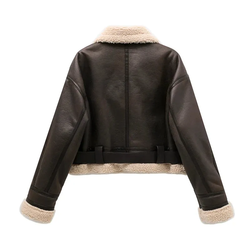 Women's Faux Shearling Vintage Jacket with Belt