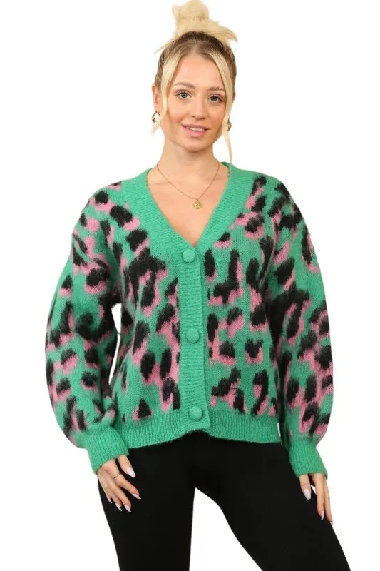 Women’s Multi-Contrast Print Cardigan – Green, Pink & Black, One Size (UK 8-14)