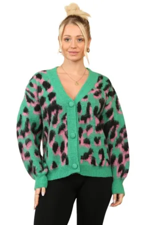 Women’s Multi-Contrast Print Cardigan – Green, Pink & Black, One Size (UK 8-14)