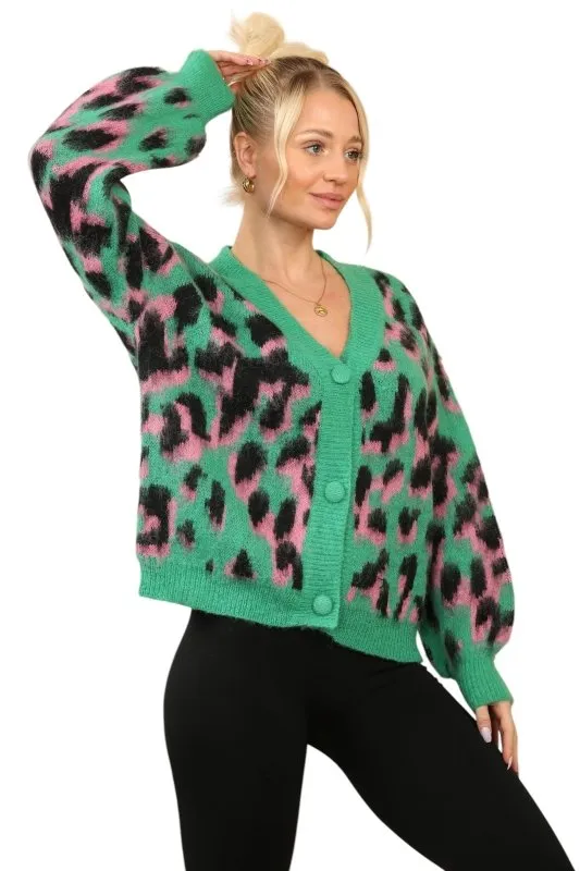 Women’s Multi-Contrast Print Cardigan – Green, Pink & Black, One Size (UK 8-14)