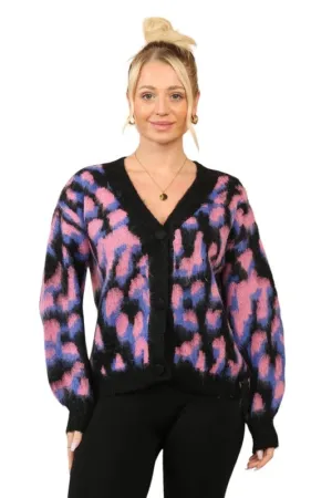 Women’s Multi-Contrast Print Cardigan – Pink, Purple & Black, One Size (UK 8-14)