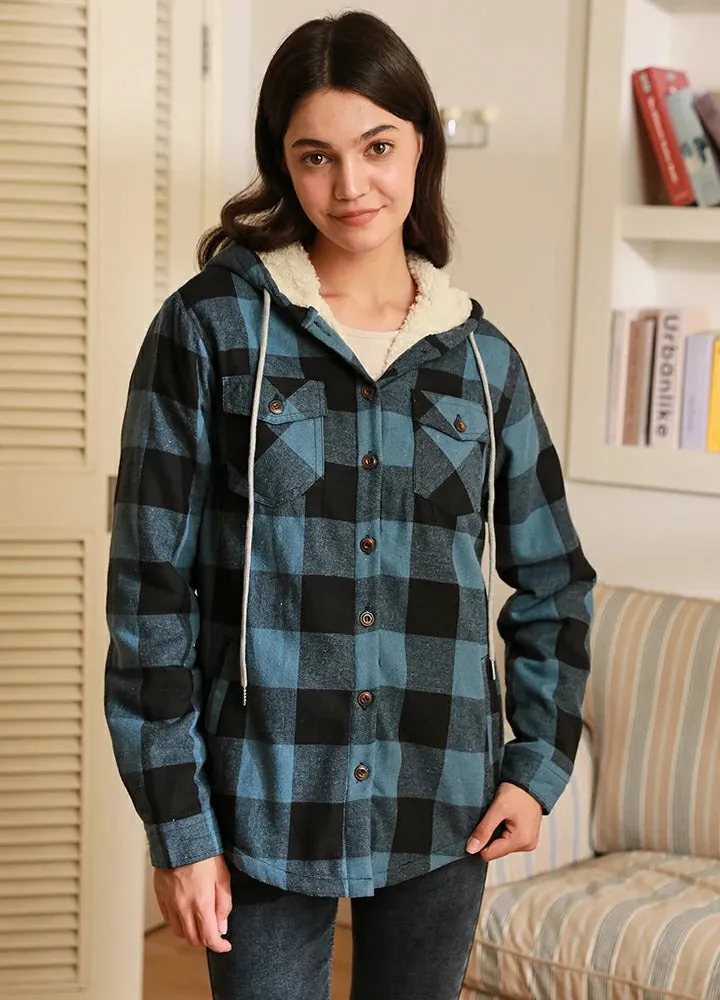 Women's Sherpa Lined Flannel Jacket with Hood, Button Up Plaid