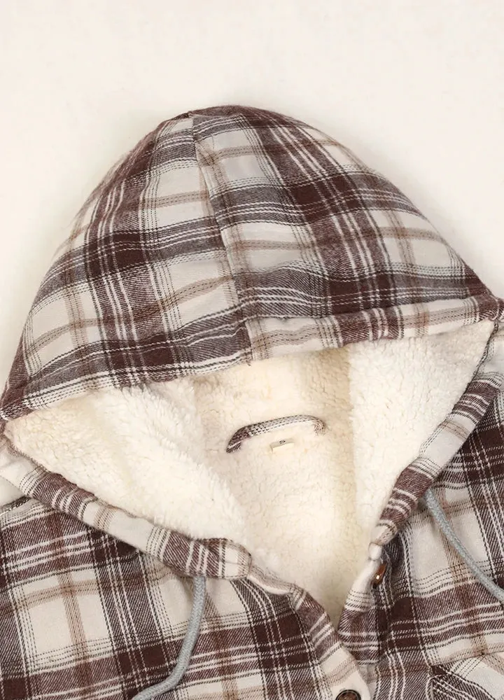 Women's Sherpa Lined Flannel Jacket with Hood, Button Up Plaid