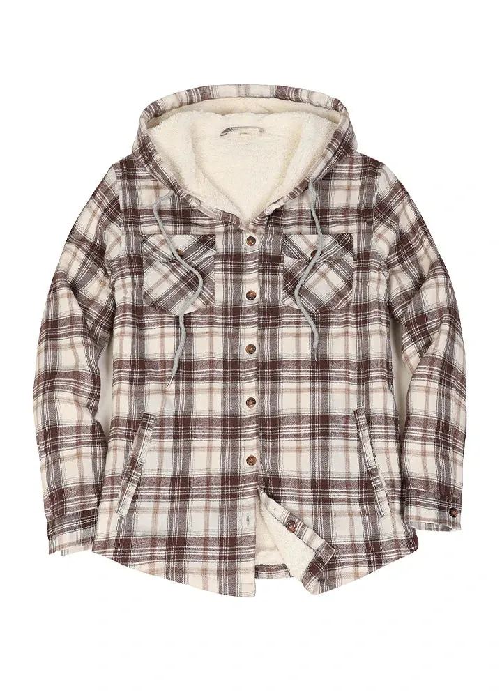 Women's Sherpa Lined Flannel Jacket with Hood, Button Up Plaid