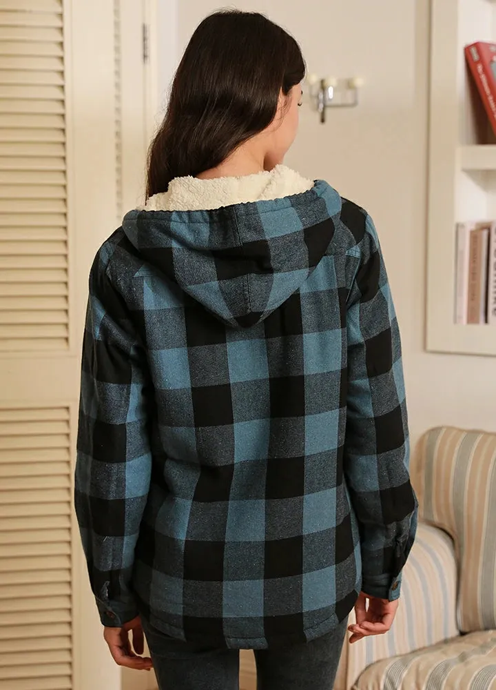 Women's Sherpa Lined Flannel Jacket with Hood, Button Up Plaid