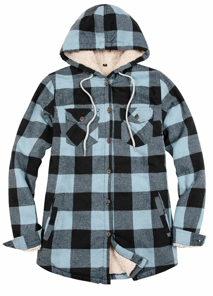 Women's Sherpa Lined Flannel Jacket with Hood, Button Up Plaid