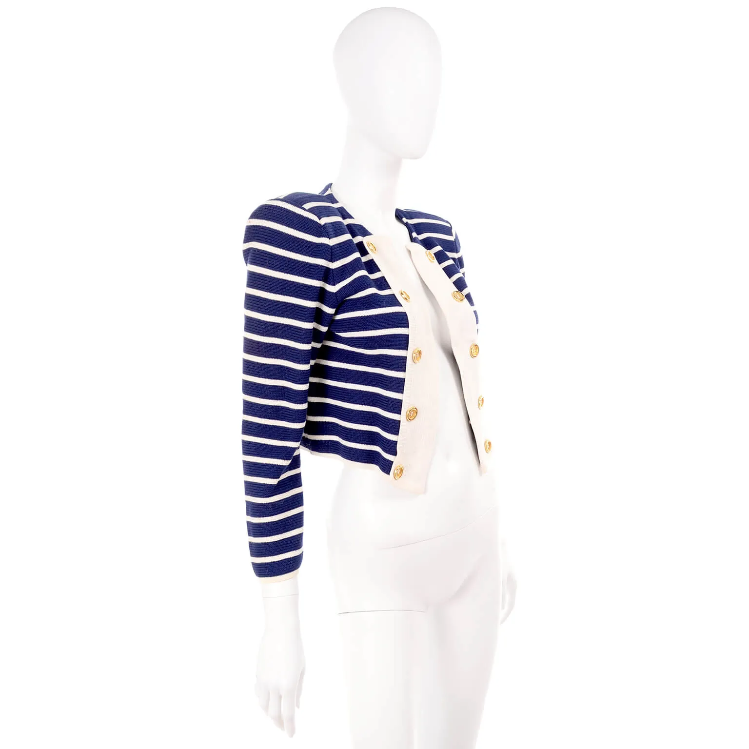 Yves Saint Laurent Navy & White Stripe Cotton Open Front Jacket