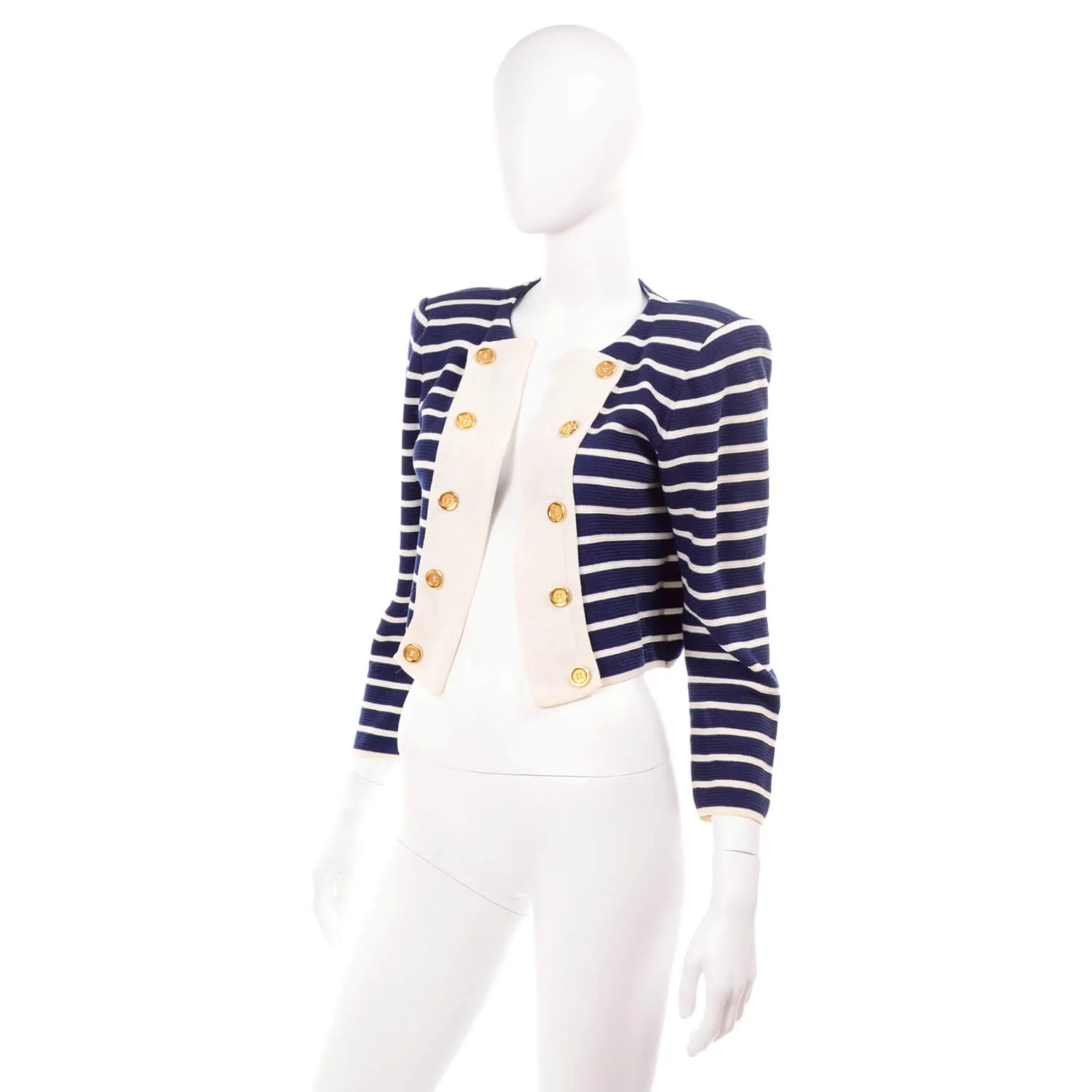 Yves Saint Laurent Navy & White Stripe Cotton Open Front Jacket