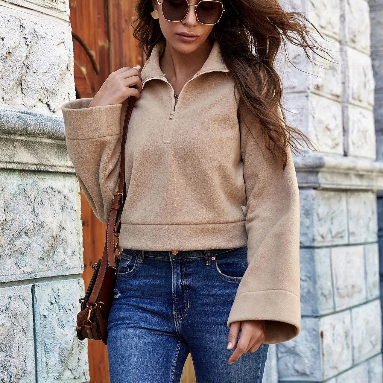 Zip Long Sleeve Loose Wholesale Sweatshirt Cropped Top